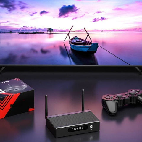 High-quality image illustrating the sharp and vibrant 8K video playback capability of the All-in-One Emulator Console on a large ultra-high-definition TV