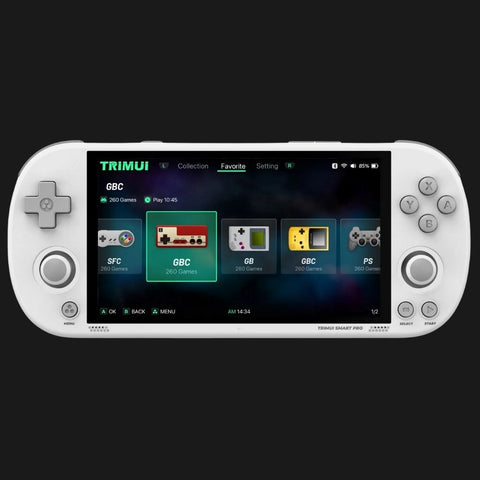 White portable handheld game console displaying retro gaming menu with options for SFC, GBC, GB, and PS emulators
