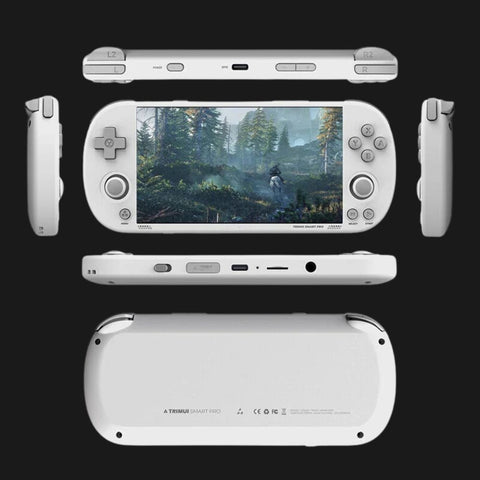 White portable handheld game console shown from multiple angles, featuring shoulder buttons, ports, and a gameplay screen.
