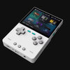Angled view of white handheld gaming console displaying the game selection menu with multiple emulator options (FC, GB, GBA, GBC, MD) showing 260 games each, battery ind