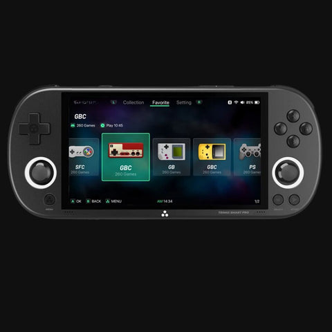 Black portable handheld game console displaying retro gaming menu with options for SFC, GBC, GB, and PS emulators.