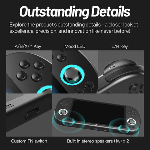 Close-up of portable handheld game console features ABXY keys, customizable mood LED, LR shoulder keys, custom FN switch, and built-in stereo speakers