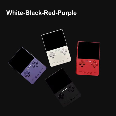 Color variants of handheld gaming console displayed in purple, white, black and red against dark background