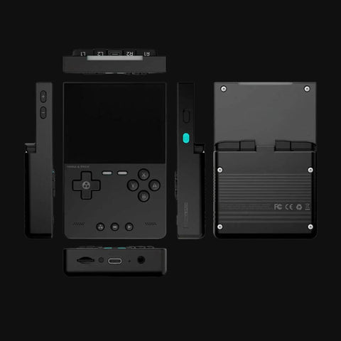 Exploded view showing all sides and components of the gaming console in black