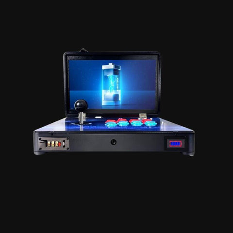 Foldable mobile arcade cabinet with carrying handle and battery indicator