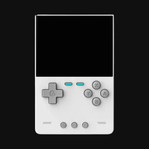 Front view of white handheld gaming console featuring a D-pad, face buttons (X, Y, A, B), turquoise function buttons, and navigation buttons arranged in a classic layout