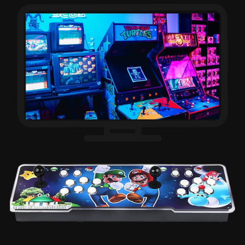 Mario Home Arcade Machine showcasing its sleek design with a vibrant game screen.