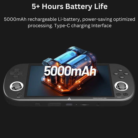 Portable handheld game console with 5000mAh rechargeable battery offering 5+ hours of gameplay and USB Type-C fast charging