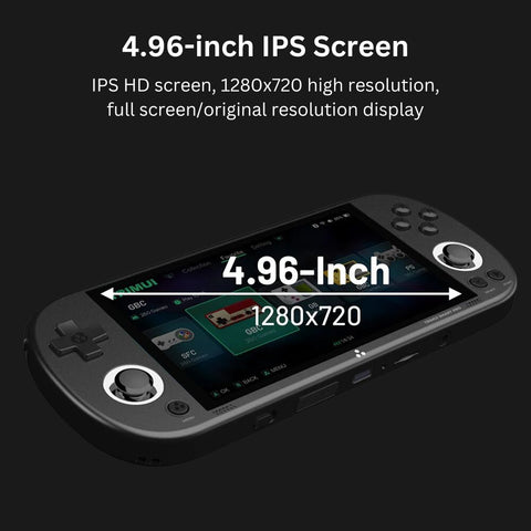 Portable handheld gaming console with a 4.96-inch IPS HD screen, 1280x720 resolution, and sharp, vibrant display for retro games.
