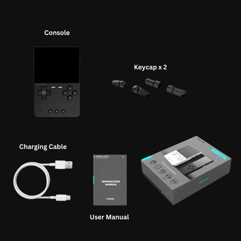 Product package contents displaying console, charging cable, user manual, and keycaps