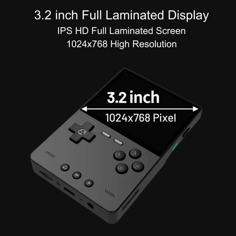 Technical specifications showing 3.2-inch screen dimensions and 1024x768 resolution